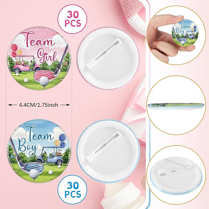 Landical 60 Pcs Golf Gender Reveal Pins, Funny Baby Shower Team Gender Reveal Decorations for Party Supplies Blue and Pink Team Button Pins Games Decorations