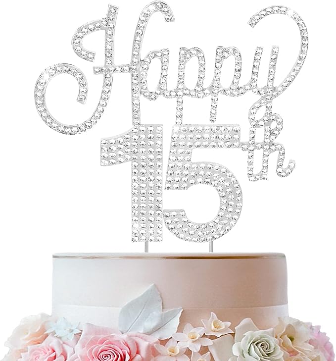 LINGTEER Happy 15th Birthday Silver Rhinestone Cake Topper - Cheers to 15th Birthday Fifteen Years Old Party Cake Centerpieces Topper Decorations Gift Sign.