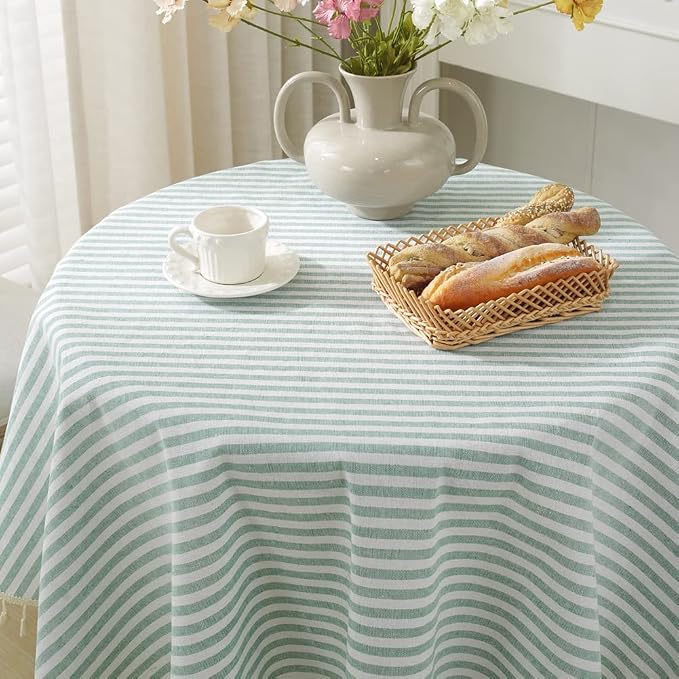 meioro Round Tablecloths Striped Tablecloth Cotton Blend Table Cloth Washable Tabletop Decorative Fabric Table Cover for Kitchen Dinning (Green, Round 47 Inch)