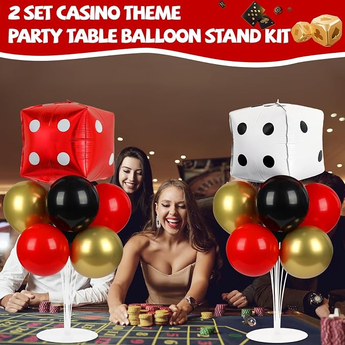 Naozinebi Casino Party Balloons Stand Kit 2 Sets with 2 Dice Foil Balloons Casino Night Theme Party Balloon Centerpiece for Tables for Poker Las Vegas Game Night Birthday Party Decorations