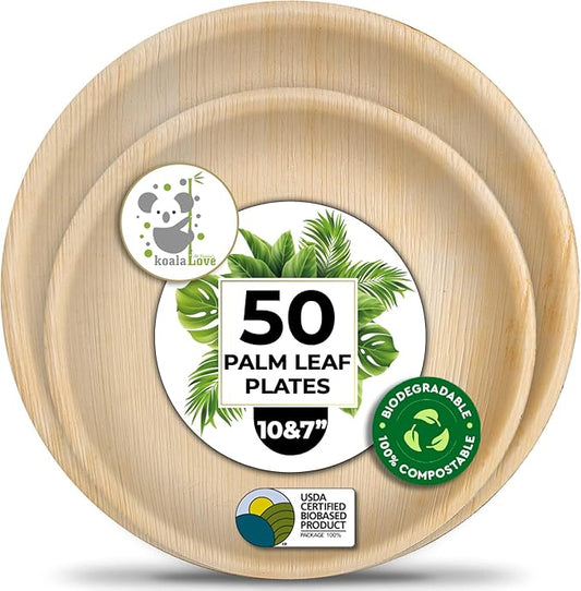 Palm Leaf Plates Round 50 Pack,Compostable Disposable Bamboo -look Plate Eco-Friendly & Biodegradable Party Tableware By KoalaLove (25+25) (10"&7" Round (25+25 Plates))