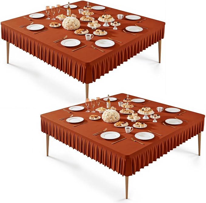 Wish Care 2 Pack Rust Spandex Tablecloths for 60x60 Inch Square Tables, Stretch Fitted Table Clothes with Pleated Ruffle Skirt for 60” Table, Wrinkle Free and Elastic, for Party Kitchen Home Dining