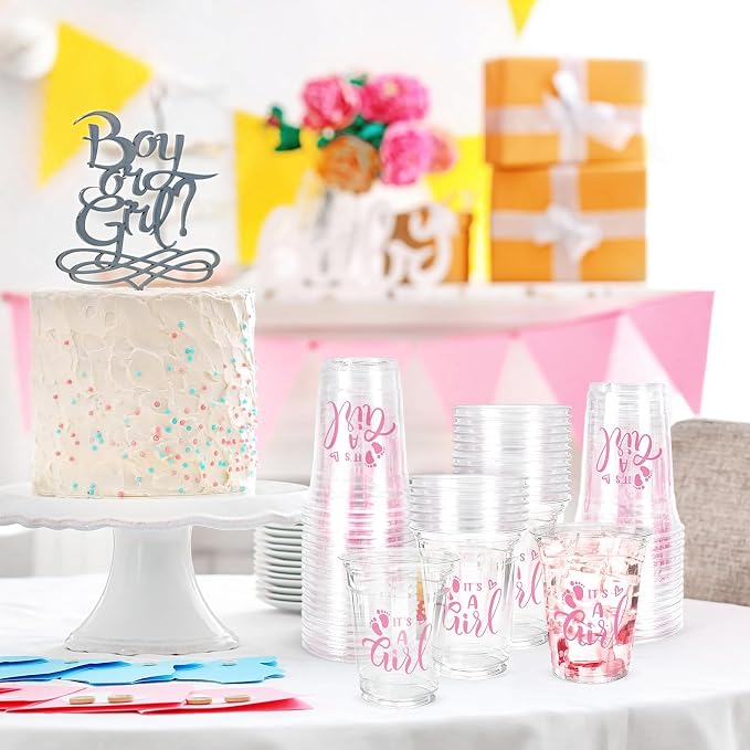 Whaline 50 Pcs Gender Reveal Girl Plastic Cups 16oz Baby Shower Clear Drinking Cups Pink It's A Girl Disposable Cup for Birthday Party Table Decoration Supplies