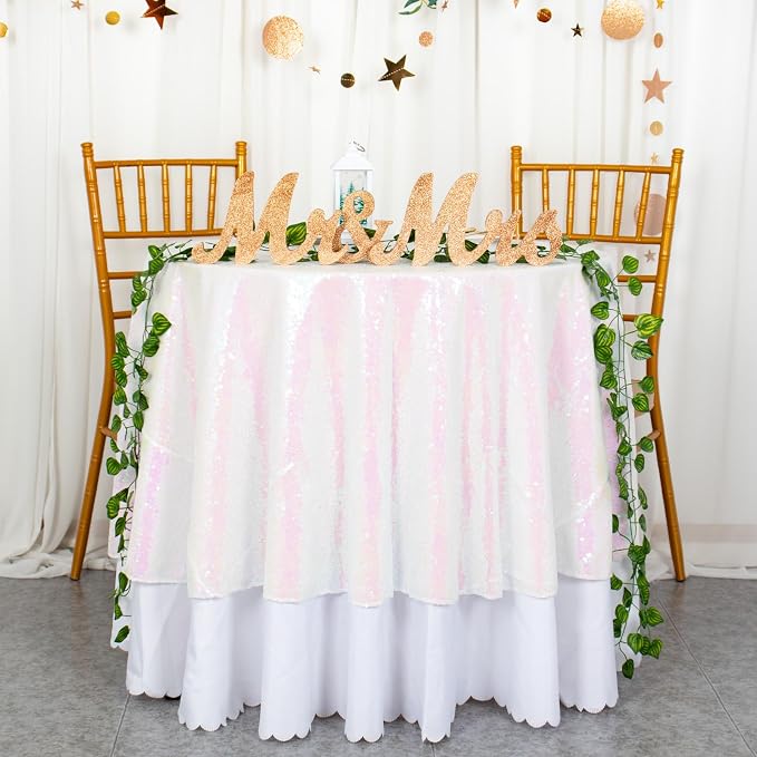 ShiDianYi White Iridescent Tablecloth Round 72 Inch Sequin Tablecloth Birthday Decorations Glitter Round Tablecloth White Table Cloth Overlay for Cake Table Wedding Tablecloth