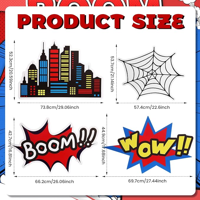 Honoson 4 Pcs Large 24" x 32" Spider Birthday Party Decorations Cardboard Cutouts, Comic Action Sign Skyscraper City Buildings Spider Web Backdrop Party Supplies for Baby Shower Classroom Photo Props