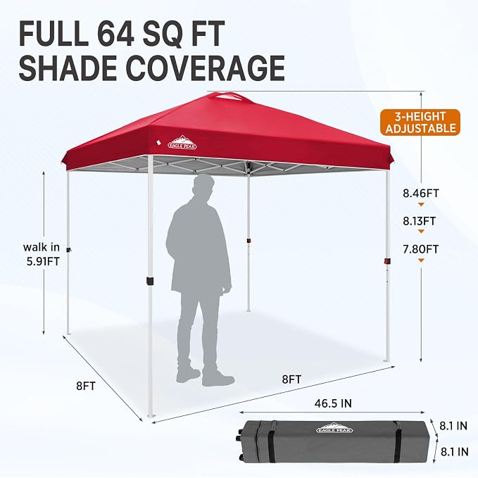 EAGLE PEAK Pop Up Canopy Tent with Wheeled Carry Bag, 8 Stakes, 4 Ropes, Easy Set Up Tent Canopy, 8x8 ft, Red