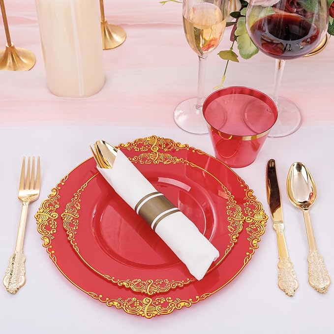 Nervure 175PCS Red Plastic Plates - Disposable Red Gold Party Plates & Pre Rolled Napkins with Cutlery for 25 Guests, 50Plates, 75Silverware, 25Cups, 25Napkin for Wedding & Party & Mothers Day