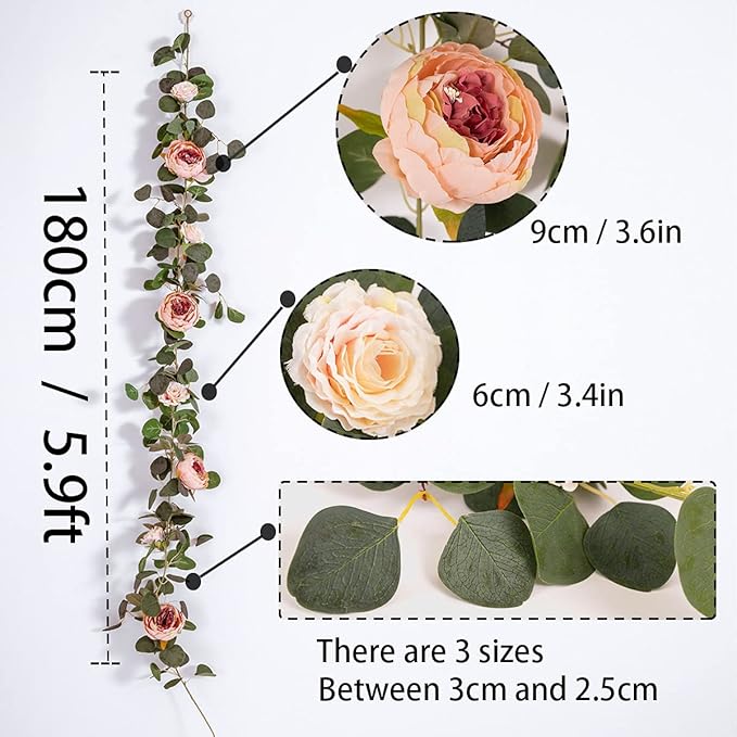 MISSPIN 2pcs Artificial Flowers Garland Spring Eucalyptus Garland Vintage Fake Flower Peony Rose Vine Greenery Decorative Wall Hanging Plant for Wedding Arch Door Arrangement Party Decor