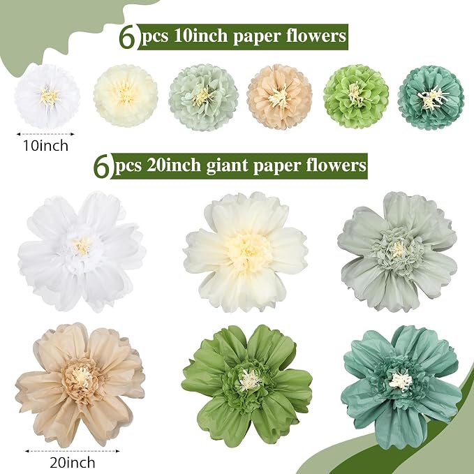 Crowye 12 Pcs Large Colorful Tissue Paper Flowers Decorations Giant Fiesta Craft Crepe Paper Flowers for Wall Decor Backdrop Mexican Wedding Birthday Carnival Party (10'' 20'',Green Color)