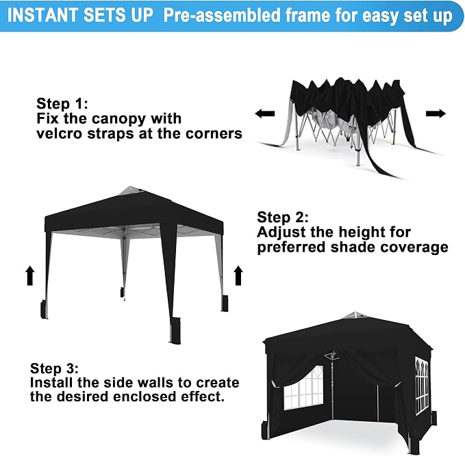 10x10 Pop Up Canopy Tent with Sidewalls x 4 – Easy Setup Canopy Tent, Waterproof, UV-Resistant, Portable with Carry Bag for Outdoor Events, Camping, and Backyard Parties – Black