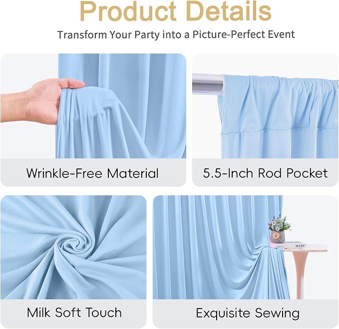 10x8ft Baby Blue Photo Backdrop Curtains for Parties Baby Shower Wrinkle Free Polyester Photoshoot Curtains Drapes Backdrop for Boy Birthday Party Gender Reveal Photography Background 2 Panels 5x8FT