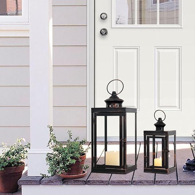 Large Lantern Decorative Outdoor & Indoor, Set of 2 (14’’&10’’) Metal Candle Lanterns Decor, Vintage Hanging Candle Holder for Front Porch Patio Wedding Farmhouse Home, Spring Decoration