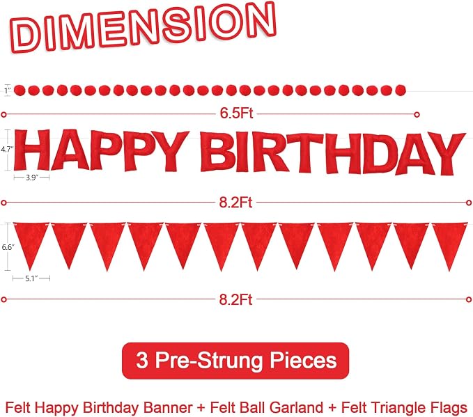 Pre-Strung Happy Birthday Banner & Felt Garland Set - Red Birthday Decorations for Women Girls | Reusable Party Supplies for Indoor & Outdoor