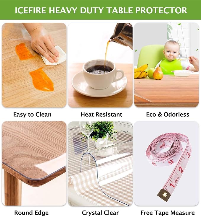 Clear Plastic Table Protector Tablecloth Vinyl Rectangle Wood Furniture Wipeable Eco Thick Hardwood Floor Rug Protective Cover PVC Soft Glass Dining Tabletop Desk Pad Office High Chair Mat 28" x 120"