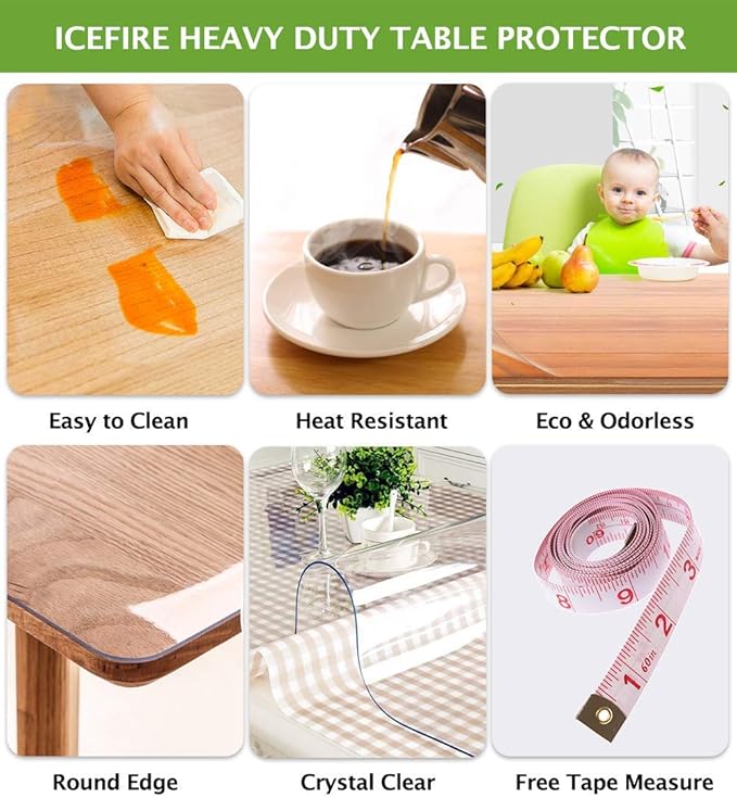36" x 60" Large Clear Plastic Tablecloth Vinyl Rectangle Wood Furniture Wipeable Table Protector Eco Thick Hardwood Floor Rug Protective Cover PVC Glass Desk Dining Tabletop Pad Office High Chair Mat