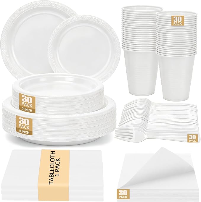 White Plastic Plates for Party,Disposable White Party Supplies,30 of Each 9" Dinner,7" Dessert Plate,Napkins,Cups,Forks and 1 Tablecloth Dinnerware for Birthday Wedding All Occasion