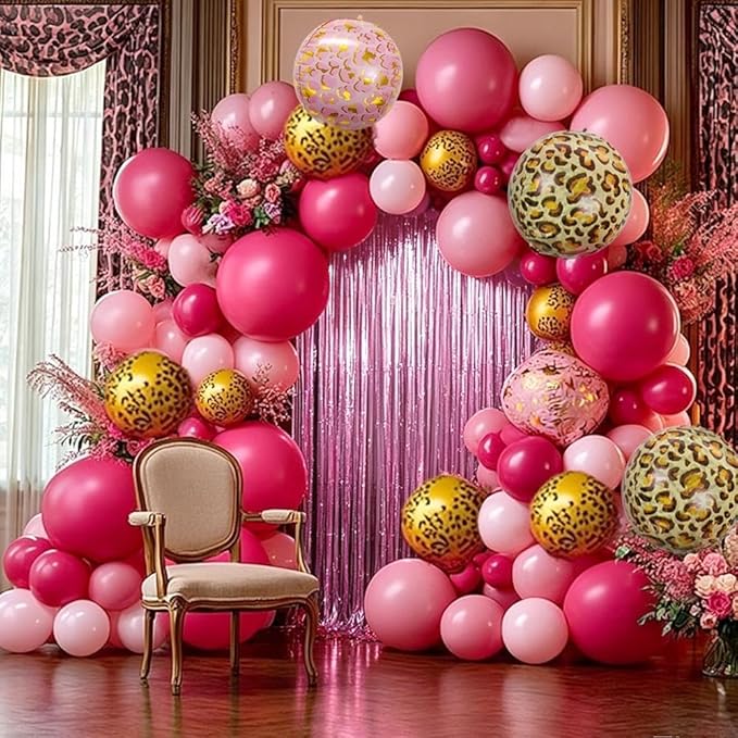 Hot Pink Balloon Arch Kit, Double Stuffed Dark Light Pink Magenta Gold Cheetah Print Balloons Fringe Curtain for Birthday Baby Shower Mother's Day Bridal Wedding Safari Jungle Wild Party Decorations