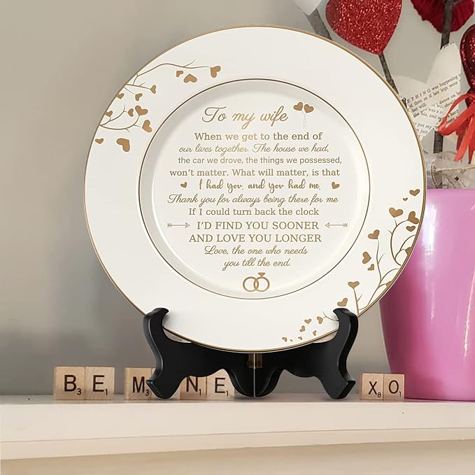 Urllinz Gifts for Wife - To My Wife Plate with 24k Gold Foil, Happy Birthday Anniversary Wedding Gift for Her from Husband, Ceramic 9"