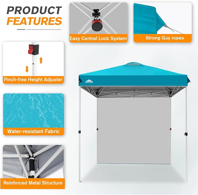 EAGLE PEAK Commercial Canopy 6.6x6.6 Pop Up Canopy Tent with 1 Sidewall, Easy Setup Heavy Duty Instant Event Shelter for Vendors & Markets, Outdoor Sun Shade, Turquoise