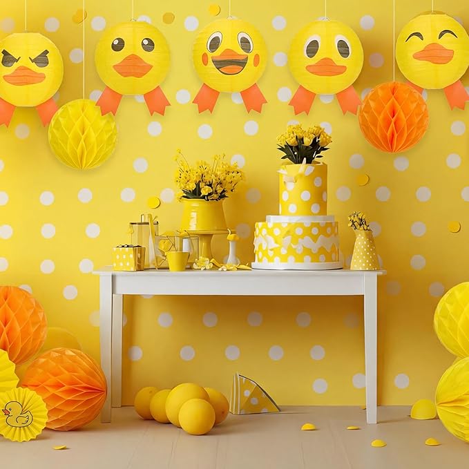 Retisee 18 Pcs Rubber Duck Party Decoration Yellow Duck Hanging Paper Lantern Honeycomb Fans Honeycomb Ball for Themed Birthday Party Ceiling Decor Supplies