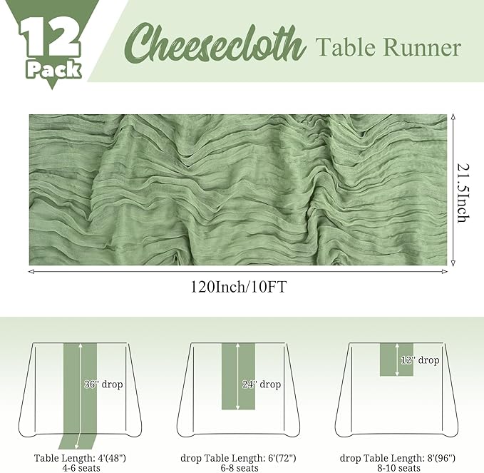 12 Pack Sage Green Table Runner 10Ft Cheesecloth Table Runner Rustic Gauze Table Runners Romantic Long Sage Sheer Fabric Cheese Cloth Table Runners for Wedding Party Bridal Baby Shower