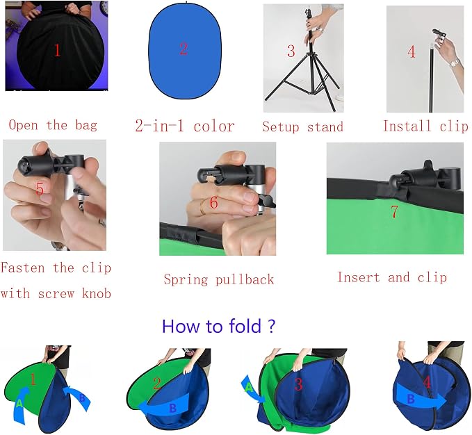 5x7ft/1.5x2m Chromakey Backdrop with 7.8ft/2.4m Stand, 2-in-1 Green Screen and Blue Screen Reversible Collapsible Background Panel for Photography Studio, Live Streaming, Video Shooting, Games