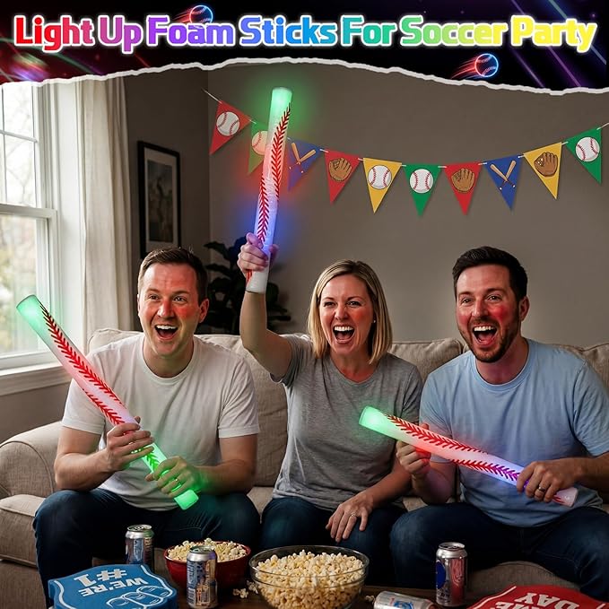 JellyArch 48 Pcs Sports Party LED Foam Sticks Baseball Foam Light up Cheer Sticks Batons with 3 Flashing Modes for Sports Events Birthday Parties Baseball Match Celebrations