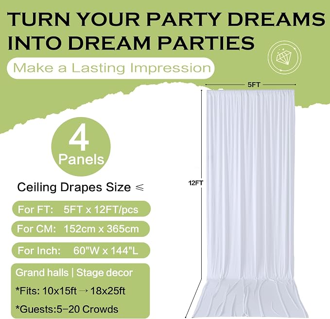 20ft×12ft White Backdrop Curtain for Wedding Parties, 4 Panels Wrinkle Free Polyester Photo Backdrop Drapes Back Drop Cloth for Independence Day Birthday Photography Background