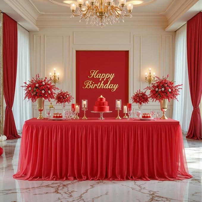 Red Tablecloth Rectangle 8 Foot Fitted Stretch Elastic Tulle Ruffle Tablecloths Rectangular Spandex Table Covers 8ft Birthday Baby Shower Wedding Party Table Cloths with Skirt