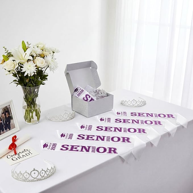 Janinka 6 Pcs Senior Sash 2026 Graduation Satin Sash with Glitter Letter Silver Crown Tiaras Cheer 2026 Gifts for Graduation Party Cheerleader Prom Photos Celebration(Purple)