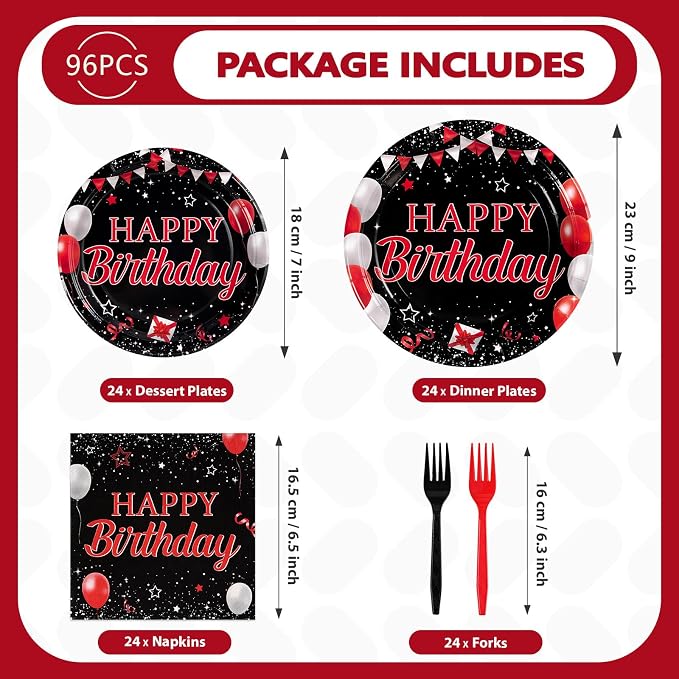 Grencian 96Pcs Red and Black Birthday Party Decorations Red and Black Plates and Napkins Disposable Happy Birthday Tableware Set for Men Women Birthday Party Supplies, Serves 24