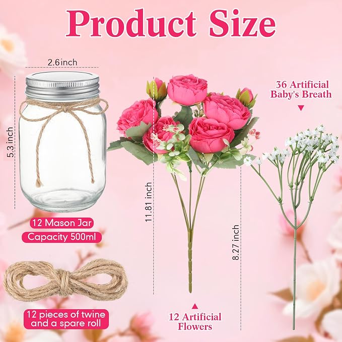 Zeyune 12 Sets Mason Jar Centerpiece Table Decorations, Artificial Peony Baby's Breath Flower Bouquets, Faux Flowers with Vase, Rustic Decor Gifts for Home, Wedding, Holiday (Hot Pink)