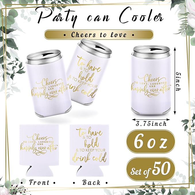 Qinyoung 50 Pieces White Wedding Can Cooler Sleeves Bulk Engagement Party Favors for Guests Beer Cooler Cheers to Love Laughter Happily Ever After Rehearsal Dinner Decorations for Wedding Bridal