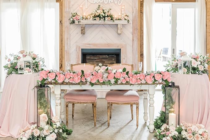 DearHouse Artificial Peony Flower Garland - Silk Peony Garland with Pink Flowers for Wedding Party Table Decoration,6ft/Strand