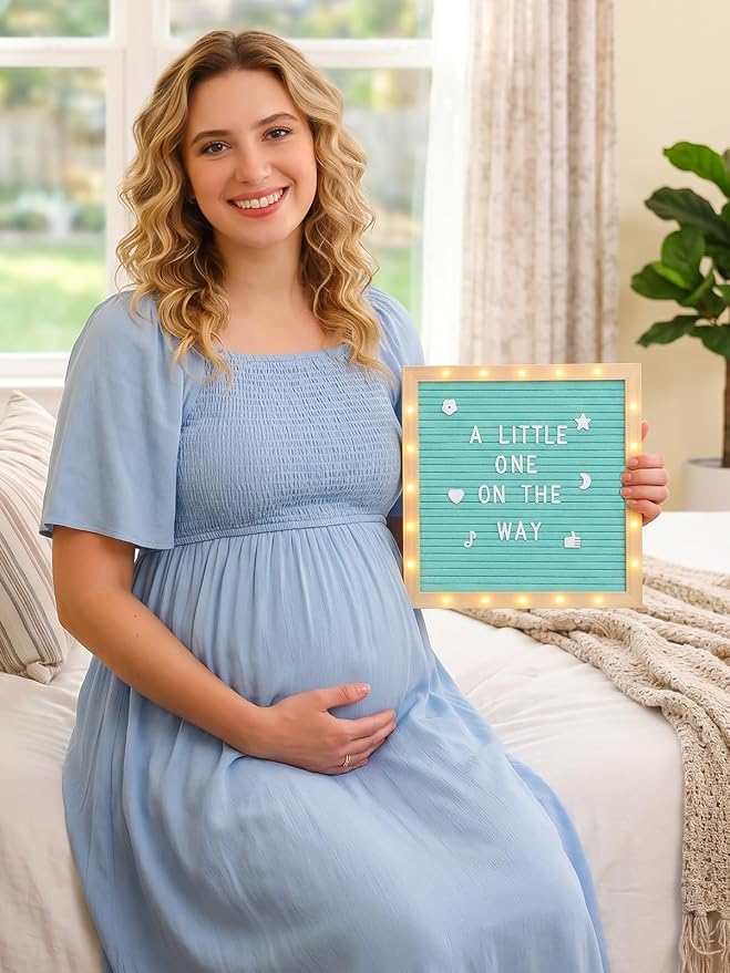 Changeable Felt Letter Board with LED Lights - 10×10" Message Custom Signs & Wood Stand & 450 Letters, Poster Board for Baby/Pregnancy Announcement/Classroom Wall Decor Gifts First Day of School, Blue
