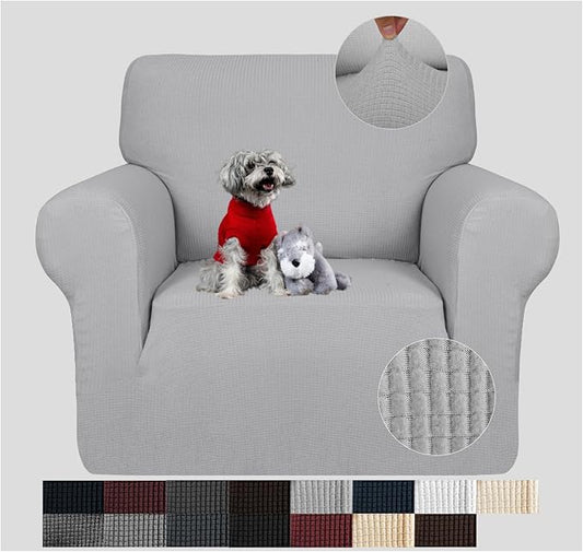 JIVINER Super Stretch Chair Slipcovers with Arms 1-Piece Jacquard Small Checks Living Room Armchair Covers Soft Anti Slip Sofa Couch Furniture Protector for Kids Pets (Chair, Light Gray and White)