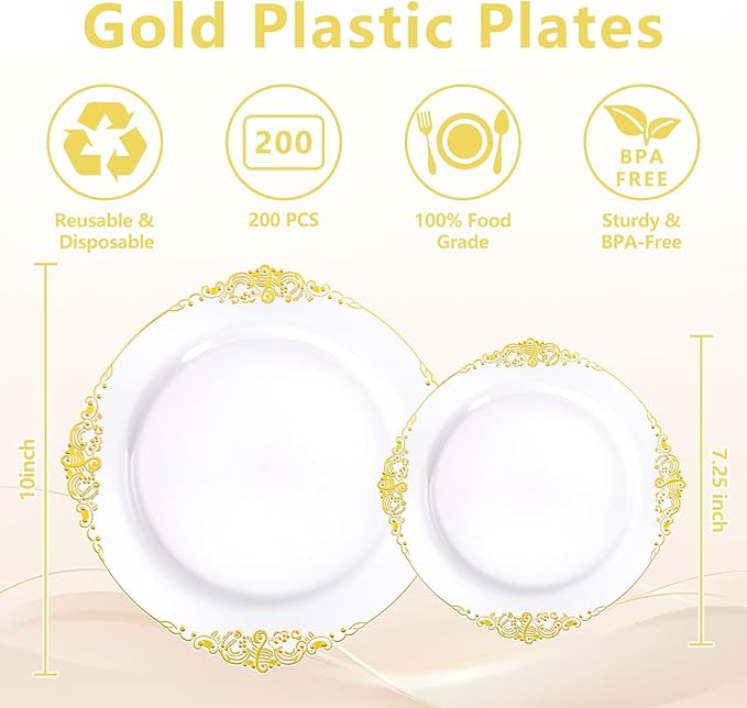 200PCS White and Gold Plastic Plates - Gold Disposable Plates - Gorgeous Wedding Plate 10inch Dinner & 7.25inch Dessert Plate for 100 Guests for Wedding & Party
