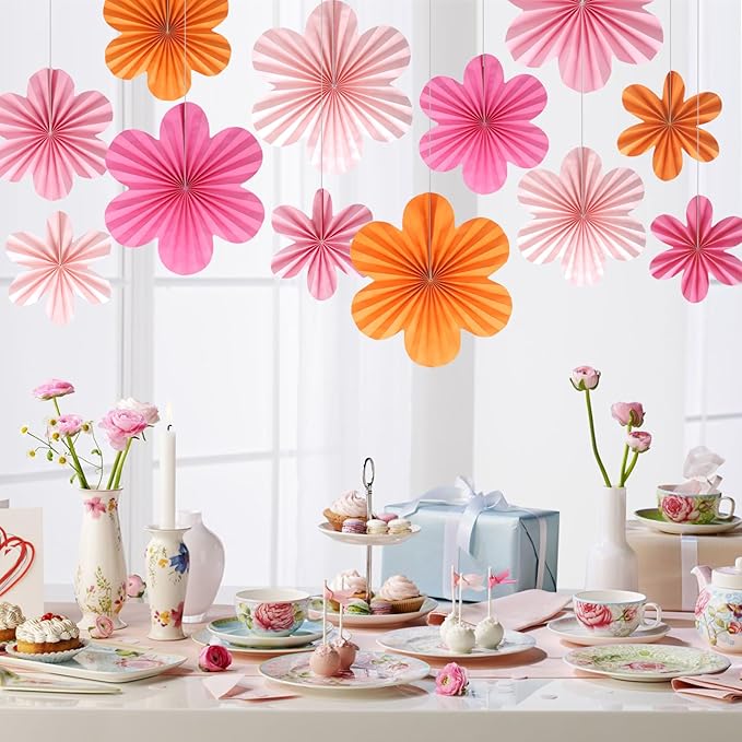BestoFun 12 PCS Paper Flowers Fans Pink and Orange Party Decorations Paper Flowers Decorations for Wall Girl Groovy Birthday Baby Shower Wedding Bachelorette Room Hanging Décor