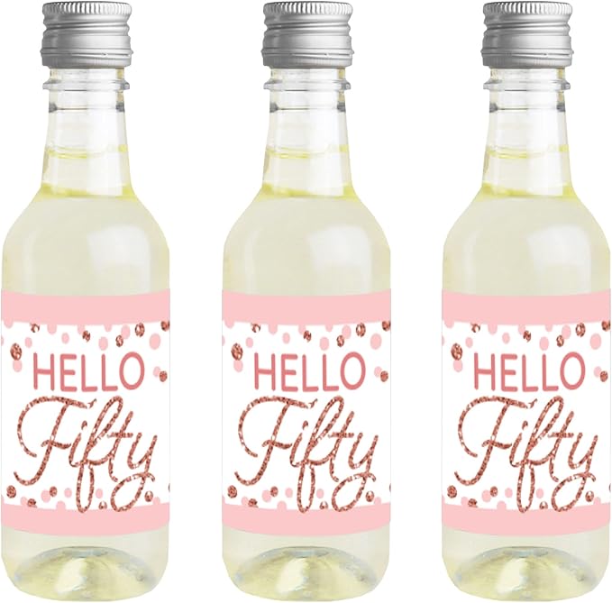 Big Dot of Happiness 50th Pink Rose Gold Birthday - Mini Wine and Champagne Bottle Label Stickers - Happy Birthday Party Favor Gift for Women and Men - Set of 16