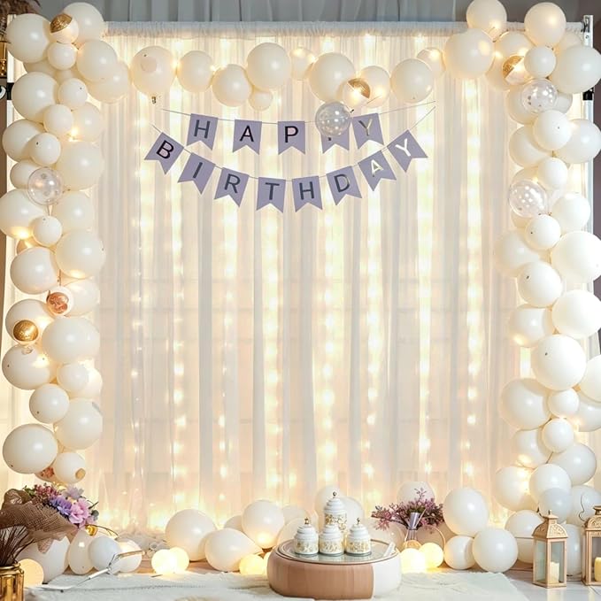 20ft x 10ft Cream White Chiffon Backdrop Curtain with Lights String for Parties,4 Panels Tulle Sheer Curtain Wedding Backdrop for Baby Shower Birthday Party Ceremony Reception Home Decorations