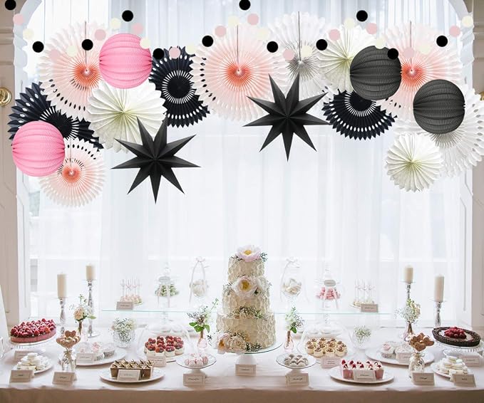 10 Pcs Party Decoration Set, Black Pink White Paper Fans, Honeycomb Balls and Star Lanterns for Halloween, Graduation, Birthday, Baby Shower & Bridal Shower Events