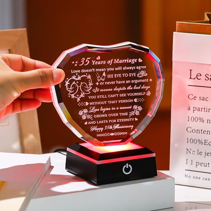 Arikyrist 35th Wedding Anniversary Crystal Heart Gifts for Couple, Laser Engraved 35 Year Anniversary Crystal Gifts for Wife Husband Parents, Romantic 35 Years of Marriage Gift for Him Her Friends