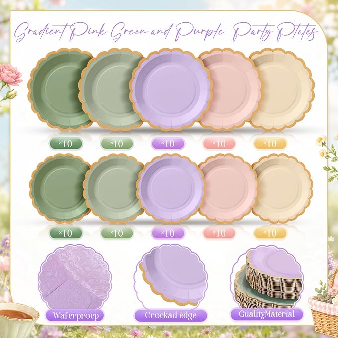 Zhehao 150 Pcs Fairy First Birthday Decorations Pink Green Purple Plates and Napkins Tableware Serves 50 Include 9 Inch 7 Inch Scalloped Wave Edges Paper Plate and Napkin for Wedding Baby Shower Party