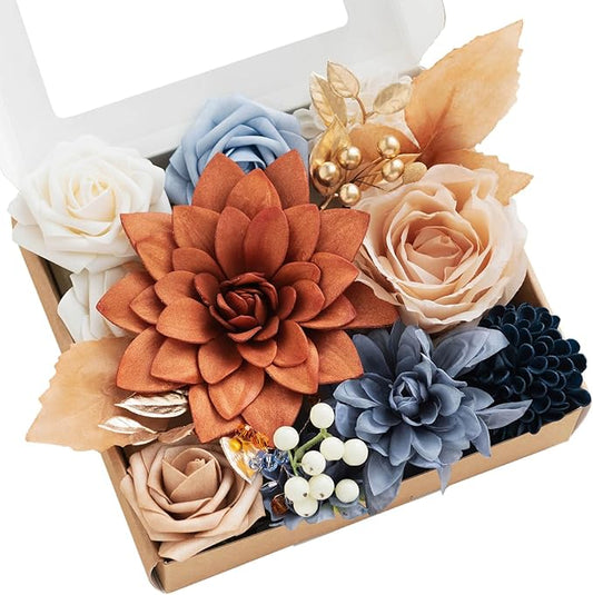 Ling's moment Burnt Orange & Navy Artificial Flowers and Greenery Mini Combo Box Set, Terracotta Fake Flower for DIY Wedding Bridal Bouquet, Centerpieces Decor, Floral Arrangement Decor, etc.