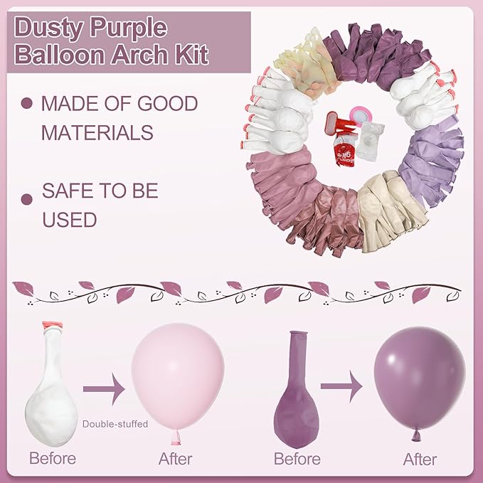 Amandir 173Pcs Dusty Purple Balloon Arch Garland Kit, Double-stuffed Pink White Sand Lavender Lilac Light Purple Rose Gold Confetti Balloons for Bridal Shower Wedding Birthday Party Decorations