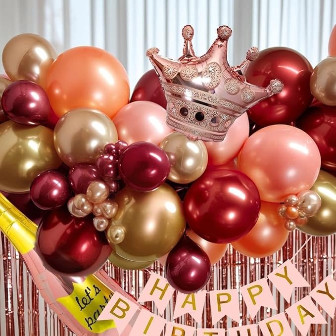 Burgundy Birthday Decorations, Double Stuffed Dark Red Pink Gold Pearl Balloons Happy Birthday Banner Fringe Curtain Foil Balloons for Women Girls Birthday Mother's Day Bridal Shower Party Supplies