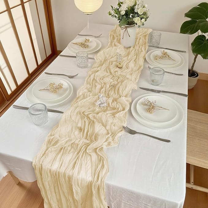16 Pack Cheesecloth Table Runners 20" x 120", Boho Gauze Table Decor for Wedding, Bridal Shower, Birthday Party, Long Romantic Runner(Beige)