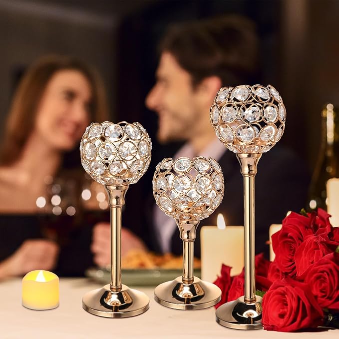 Hushee 42 Pcs Crystal Candle Holders with LED Tea Lights Candles Bulk Decorative 3 Sizes Candlestick Holders for Table Centerpieces, Home Decor, Weddings, and Housewarming Gifts(Gold)