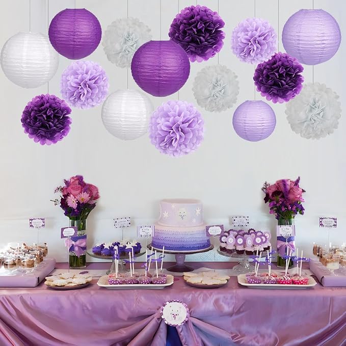 zilue Purple Party Decorations, Paper Lanterns and Pom Poms Flowers for Birthday Party Baby Shower Bachelorette Decor Purple Pack of 15 Pieces