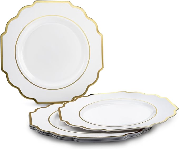 OCCASIONS 80 Gold Plastic Plates for 40 Guests, Heavyweight Disposable Dinnerware Set, 10.5" Dinner + 8" Dessert, Elegant Party Tableware for Wedding Baby Shower (Imperial White & Gold)